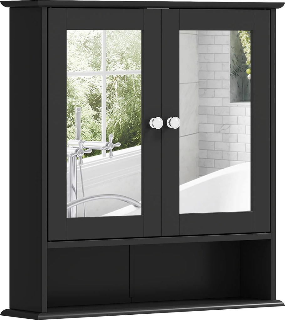 kleankin Dulap de baie cu oglindă Dulap de perete cu 2 uși Raft deschis Raft reglabil 56x13x58cm Negru | Aosom Romania