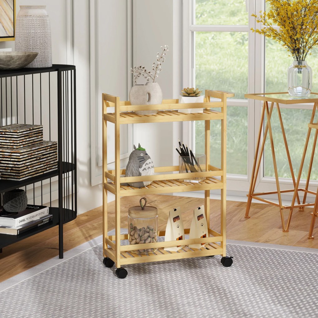 HOMCOM Cos de servit, 3 etaje, grinzi lamelare, protectie anti-cadere, bambus, 55 x 20 x 75 cm | Aosom Romania