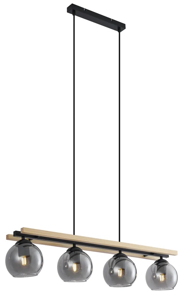 Lampa suspendată inteligentă neagră cu lemn și sticlă fumurie 4 lumini, inclusiv WiFi A60 - Aleks