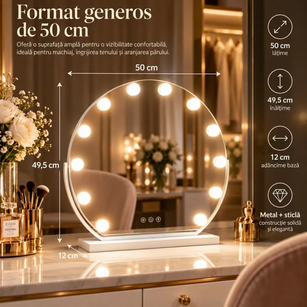 Oglindă cosmetică, sistem iluminare LED, 12 becuri, 3 culori, Senzor Tactil, Luminozitate Reglabilă, Alb