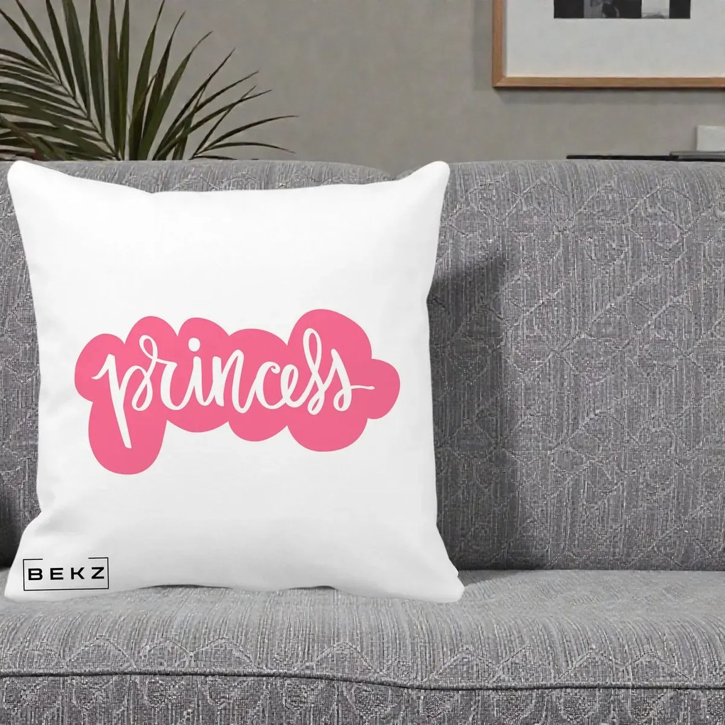 Perna Decorativa Princess Text Roz, 40x40 cm, Alba Mata, Husa Detasabila, Perna Inclusa, BEKZ®