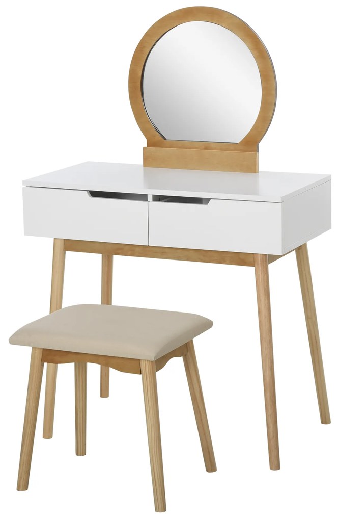 HOMCOM Coafetoare Design scandinav Masă de Machiaj cu Oglindă, 2 sertare și Taburet Alb pin Deschis | Aosom Romania
