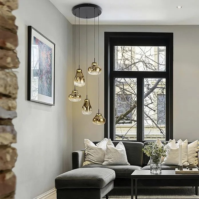 Lustra cu 5 pendule LED design modern Aledis negru/ auriu