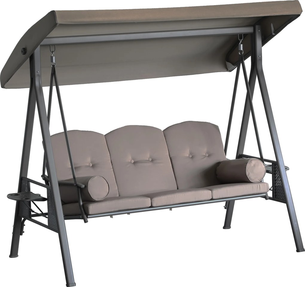 Outsunny Balansoar 3 Locuri Autoportant de Exterior, Cadru Rezistent, Șezut Căptușit cu Acoperiș Reglabil, Maro | Aosom Romania