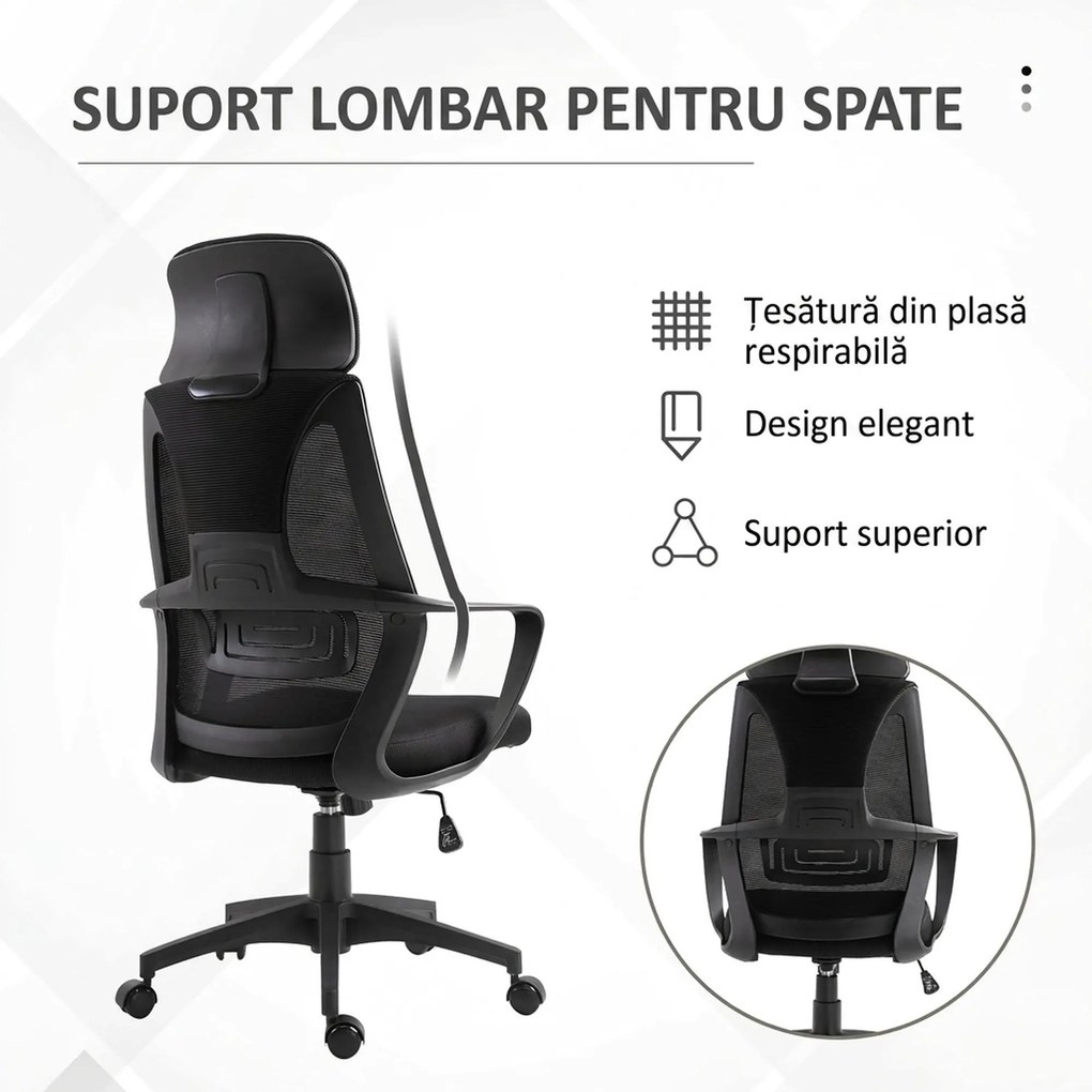 Vinsetto Scaun de Birou Ergonomic cu Brațe și Tetieră Reglabilă, Scaun Pivotant cu Suport Lombar, 64x55x116-126 cm, Negru | Aosom Romania