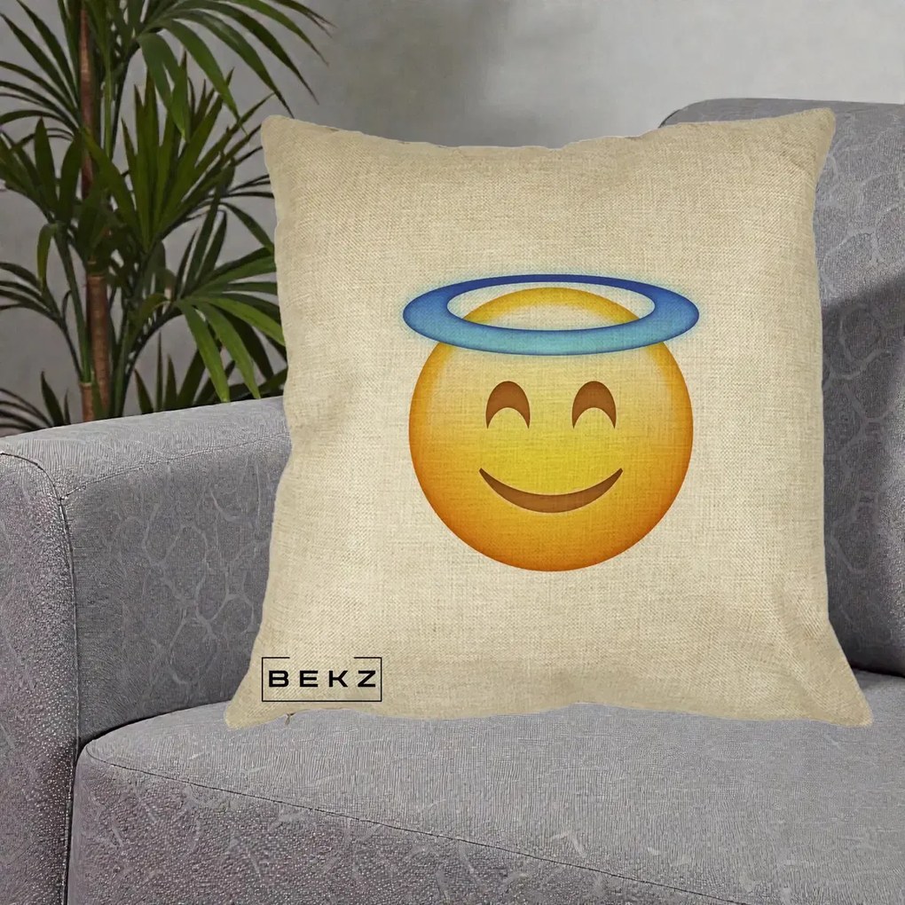 Perna Decorativa Emoji Inger cu Aureola, 40x40 cm, Crem, Husa Detasabila, Perna Inclusa, BEKZ®