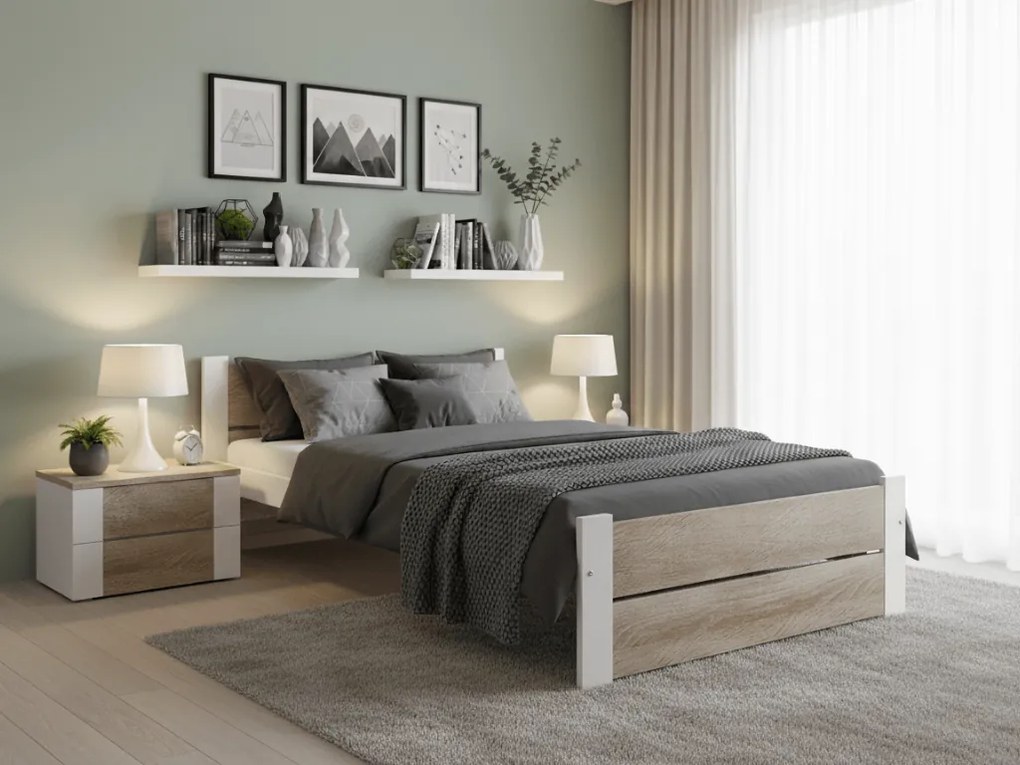 Pat de o persoana stejar sonoma/alb, IKAROS DOUBLE 90 x 200 cm Saltele: Cu saltele Coco Maxi 20 cm, Somiera pat: Cu lamele curbate