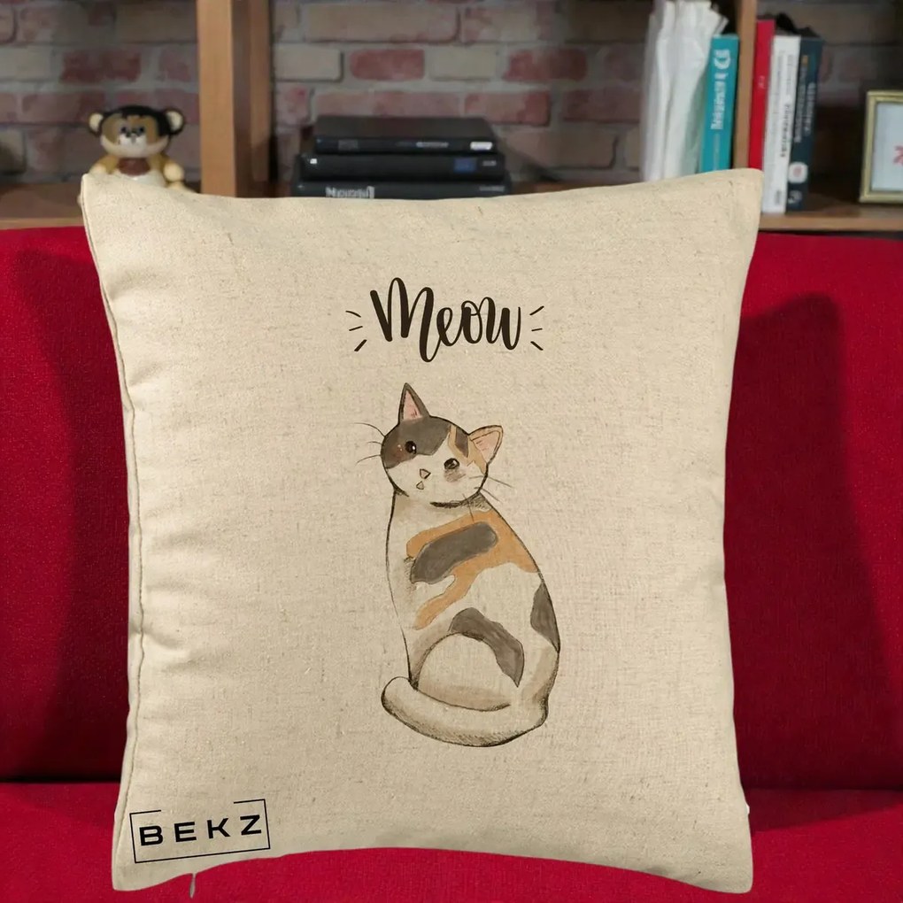 Perna Personalizata Pisica Meow Acuarela, 40x40 cm, Bej, Husa Detasabila, Perna Inclusa, BEKZ®