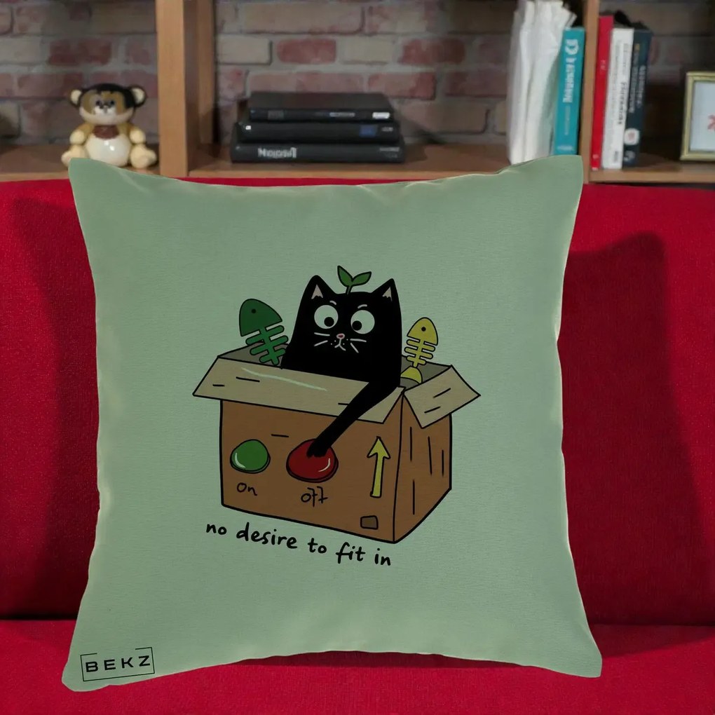 Perna Decorativa Pisica in Cutie No Desire to Fit In, 40x40 cm, Verde, Husa Detasabila, Perna Inclusa, BEKZ®