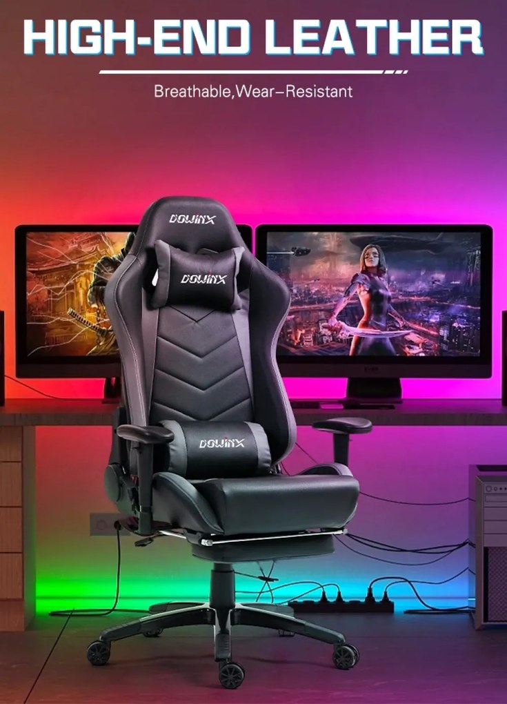 DOWINX Scaun gaming, ergonomic, suport lombar cu masaj, spătar rabatabil 90-180°, cotiere reglabile, suport pentru picioare, rezistent 150 kg, piele PU, Negru/Gri