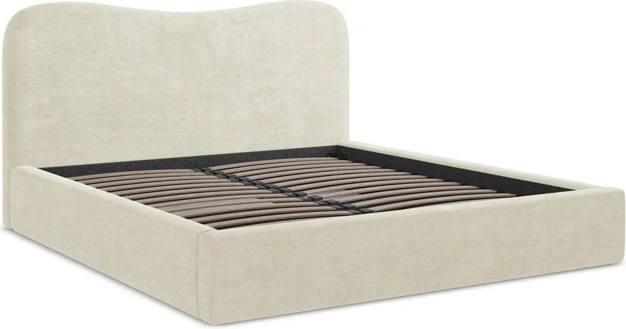 Pat matrimonial bej tapițat cu spațiu de depozitare cu somieră 160x200 cm Kahai – Makamii