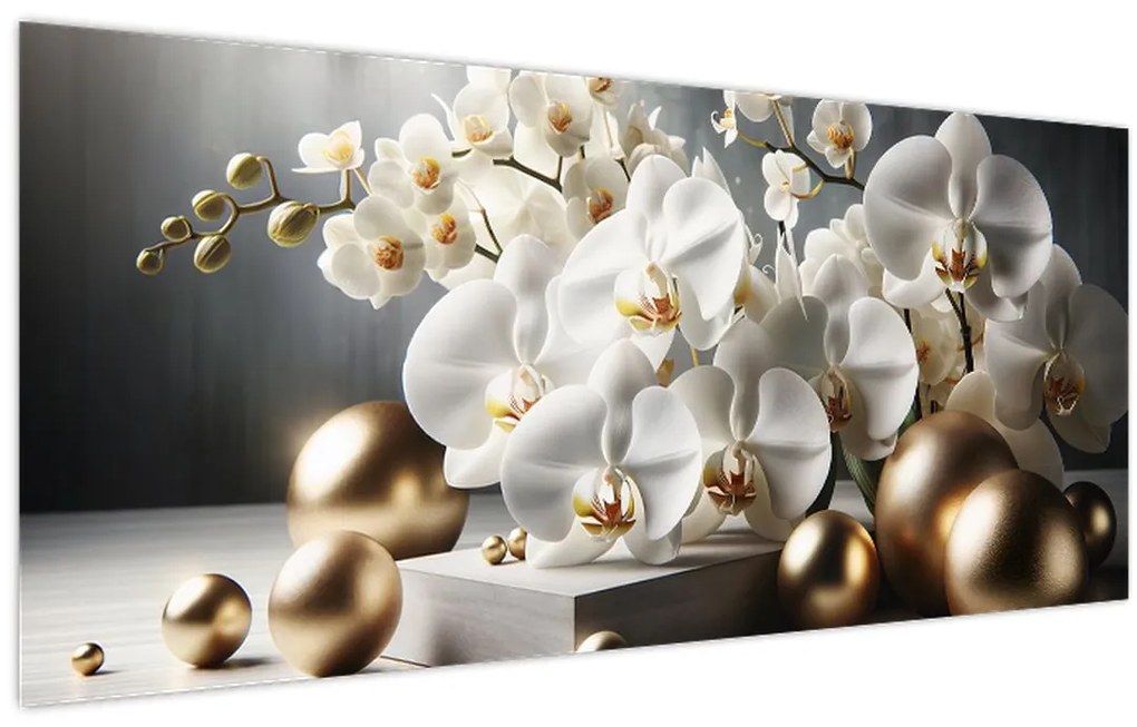 Tablou - Orhidee și bile aurii (120x50 cm)