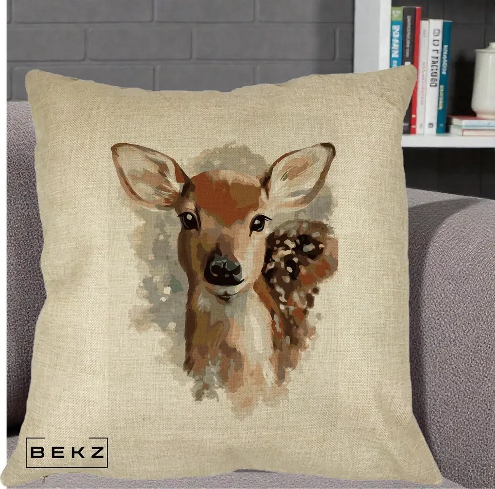 Perna Decorativa Caprioara Pui Acuarela, 40x40 cm, Crem, Husa Detasabila, Perna Inclusa, BEKZ®