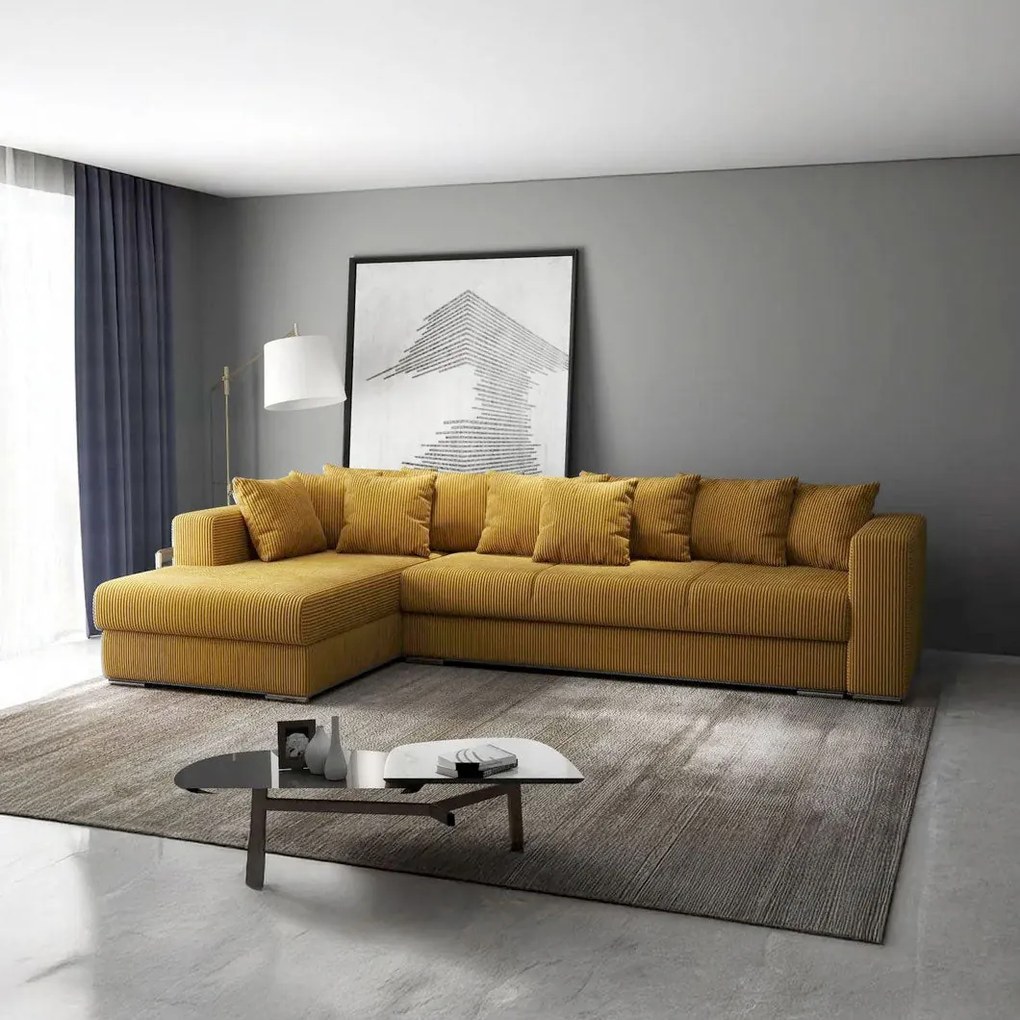 Colțar extensibil dumonde cu ladă de depozitare si sezut confortabil din spuma high-density, Gloria Zoom Mustar 320x183 cm