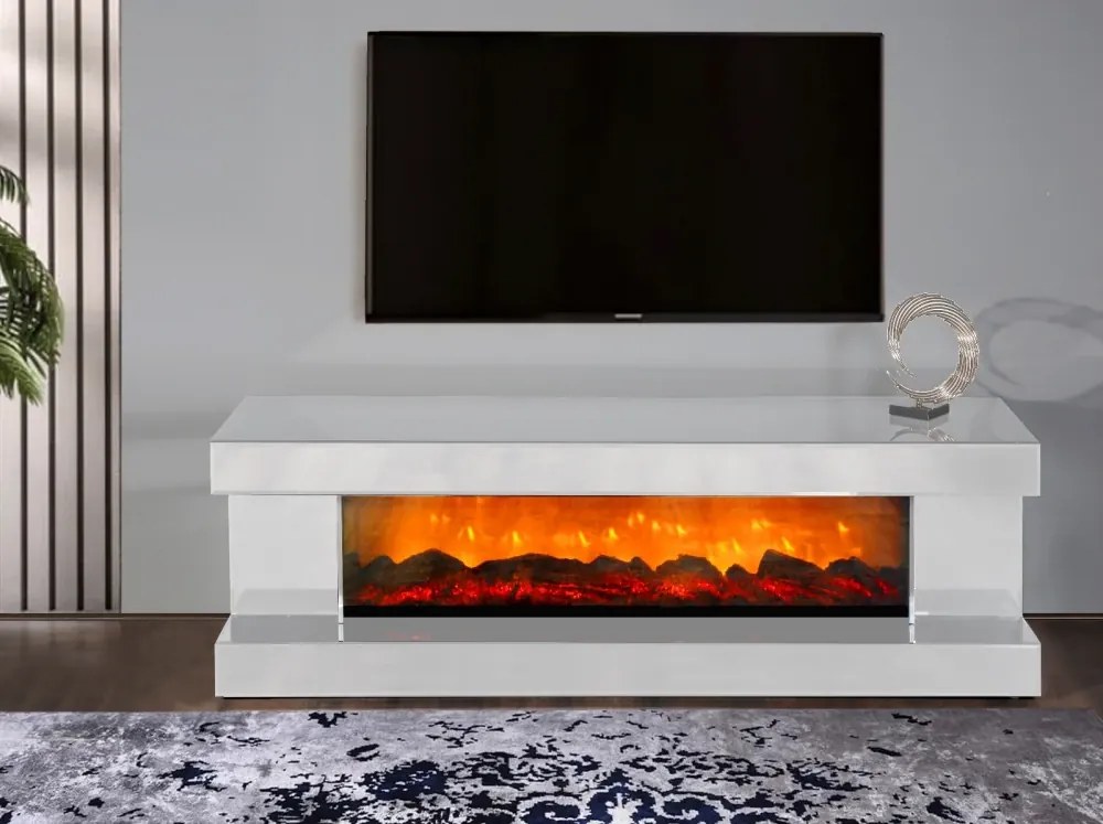 Comoda TV cu șemineu electric, boxa Bluethooth, telecomandă, Alb, 180x43x55 cm