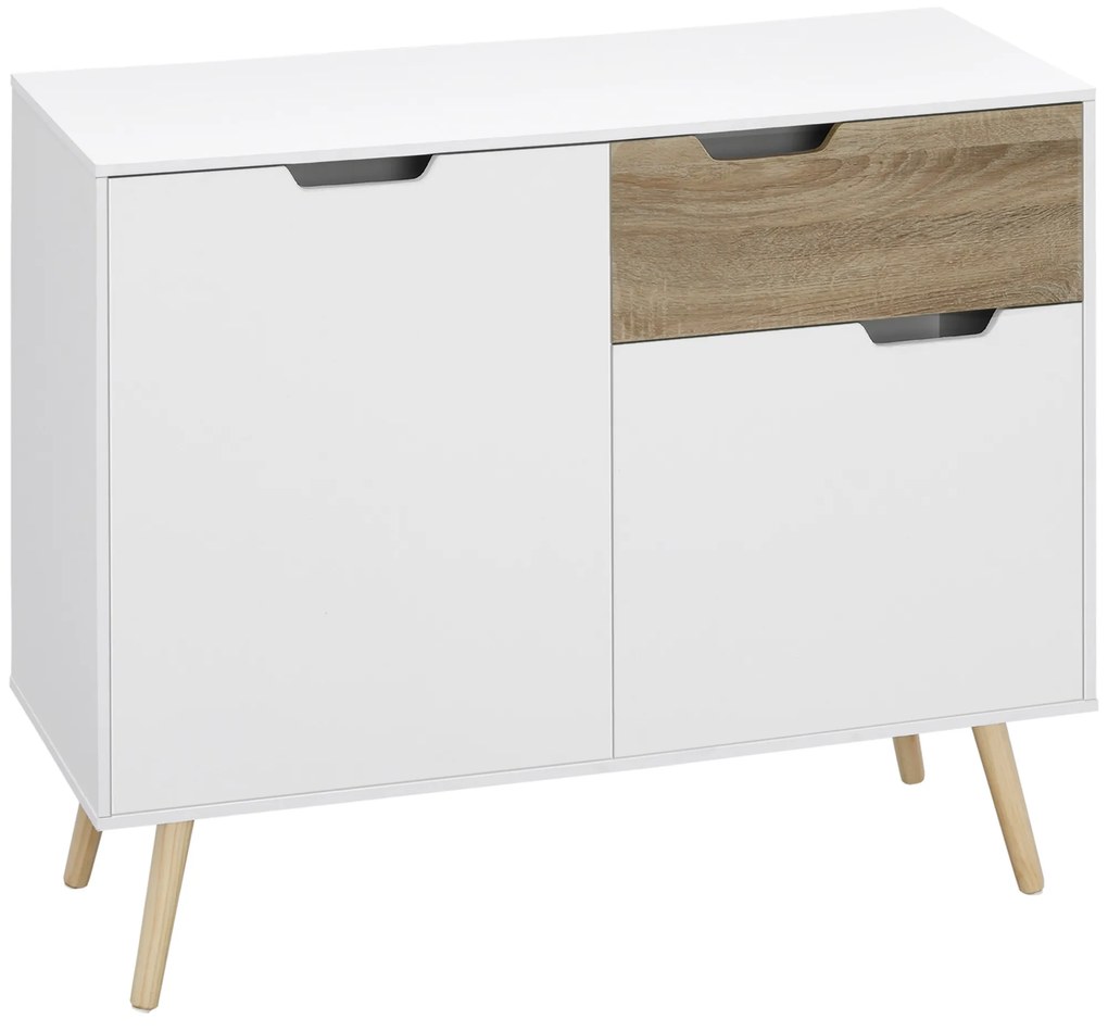 HOMCOM Bufet Mobilier de depozitare pe picior de tip scandinav cu dulapuri pentru Baie, sufragerie, Bucătărie, Picioare din lemn masiv de pin - Alb - dim. 98L x 39l x 81.5H cm | Aosom Romania