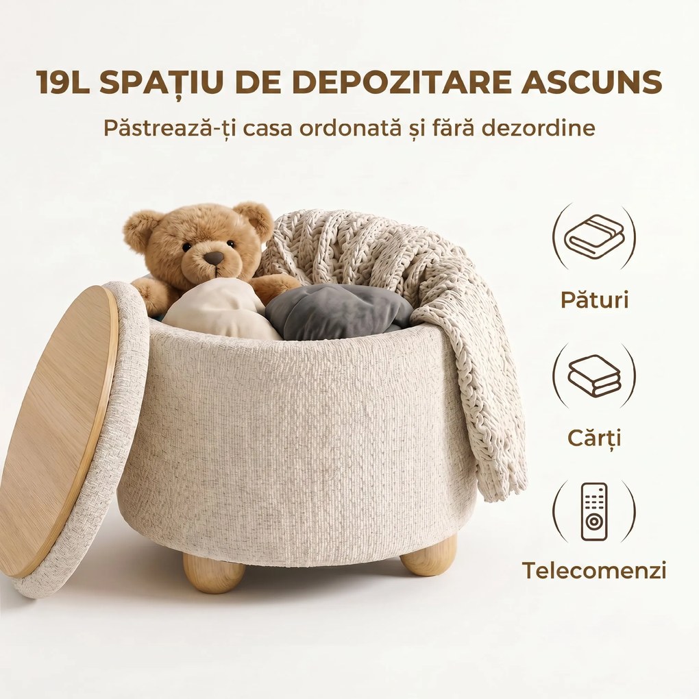 HOMCOM Taburet Rotund cu Spațiu de Depozitare, Capac, 19 L, Material Textil cu Aspect de Iută, 38,5x38,5x33,5 cm, Bej | Aosom Romania