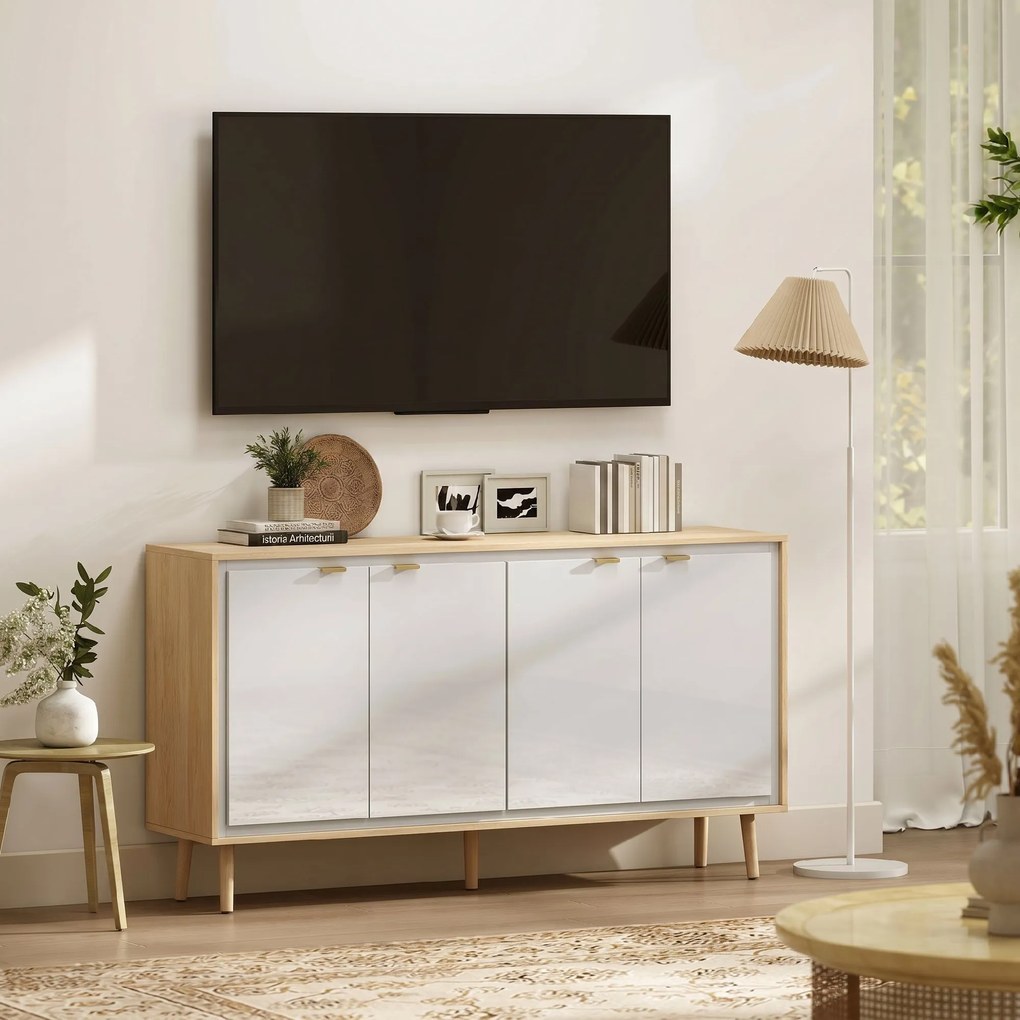 HOMCOM Bufet Modern cu 4 Uși și Raft Reglabil 141x35x77cm Alb și Stejar | Aosom Romania