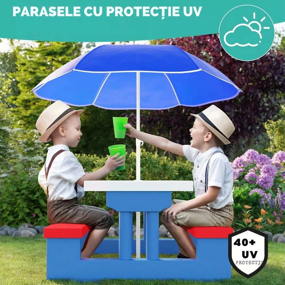 Set de șezut pentru copii cu umbrelă de soare JASMIN, 67x78,5x42,5cm, albastru/alb/roșu Spielwerk
