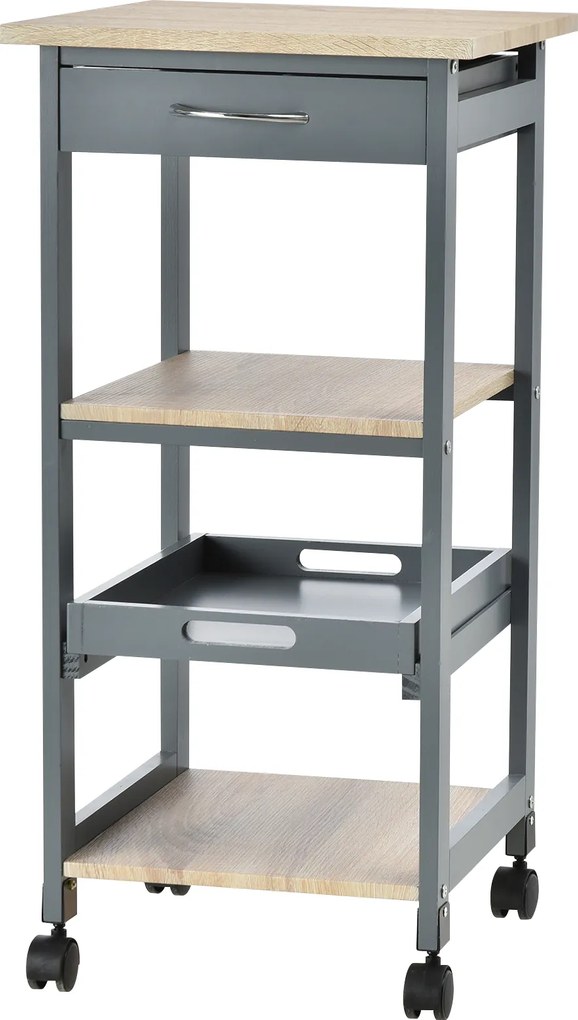 Cărucior de bucătărie Suport pentru alimente cu sertar, 2 rafturi si tavă detașabilă, din lemn 37x37x76cm gri HOMCOM | Aosom Romania