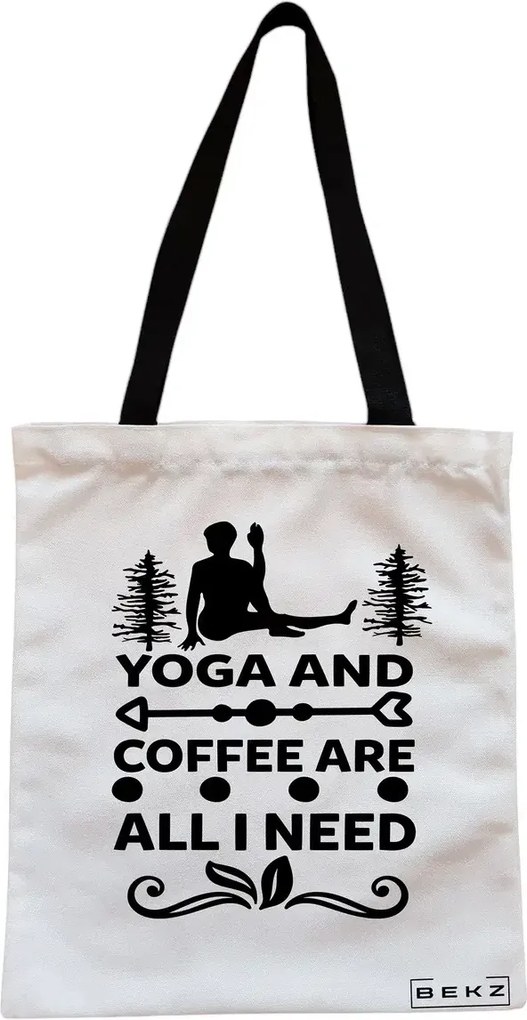 Sacosa de Panza pentru Cumparaturi, Geanta Tote, Yoga and Coffee are all I need, Cu fermoar, 38x34.5 cm, Alba, BEKZ®