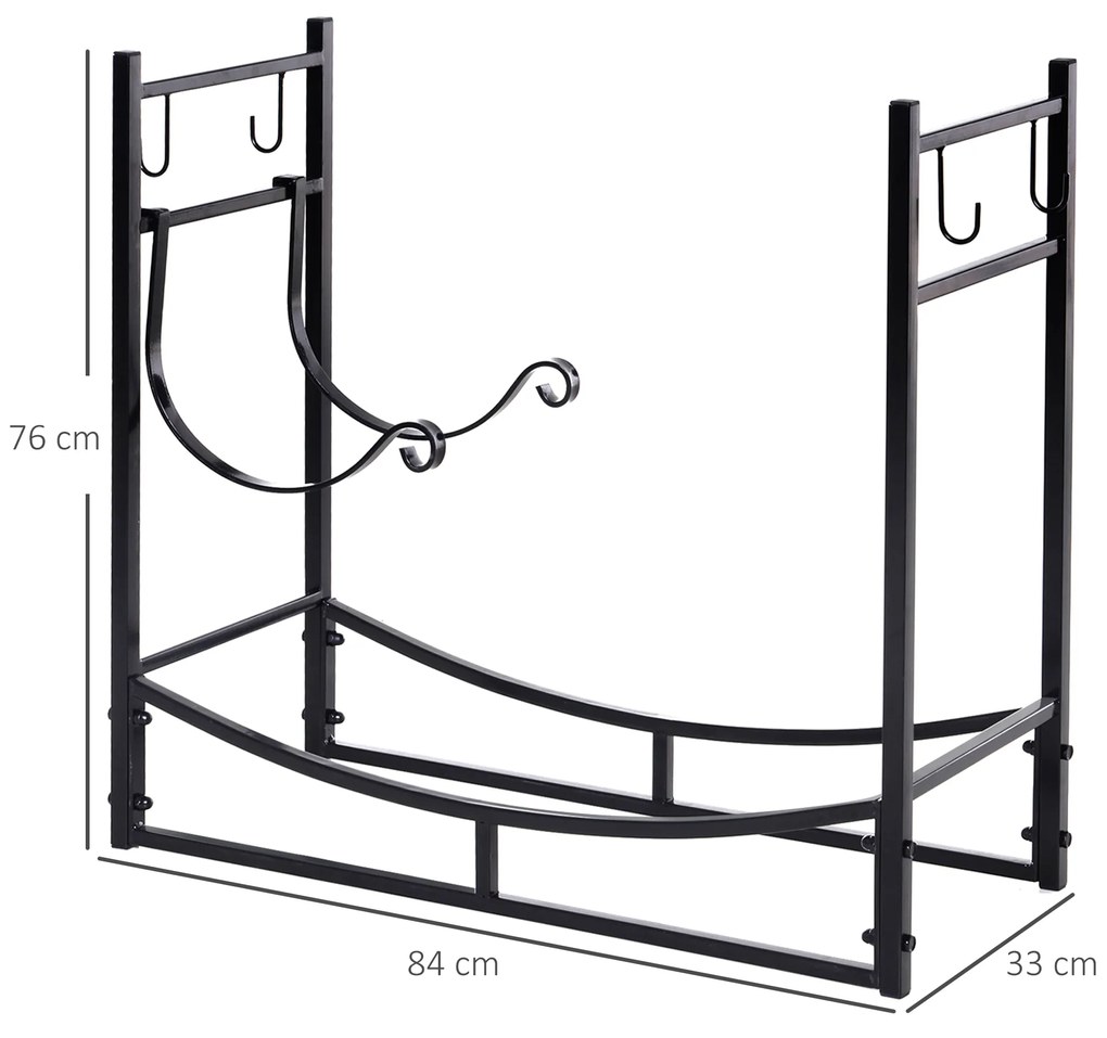 Suport lemne de Interior si Exterior din metal cu Paleta, Matura, Vatrai si Cleste, Negru, 84x33x76cm Outsunny | Aosom Romania