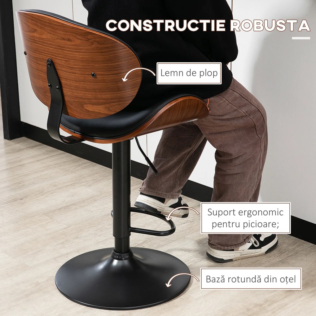 HOMCOM Set de 2 Scaune de Bar cu Spătar Reglabil pe Înălțime, Lemn și Piele Ecologică, 53x52x92-112 cm, Negru | Aosom Romania