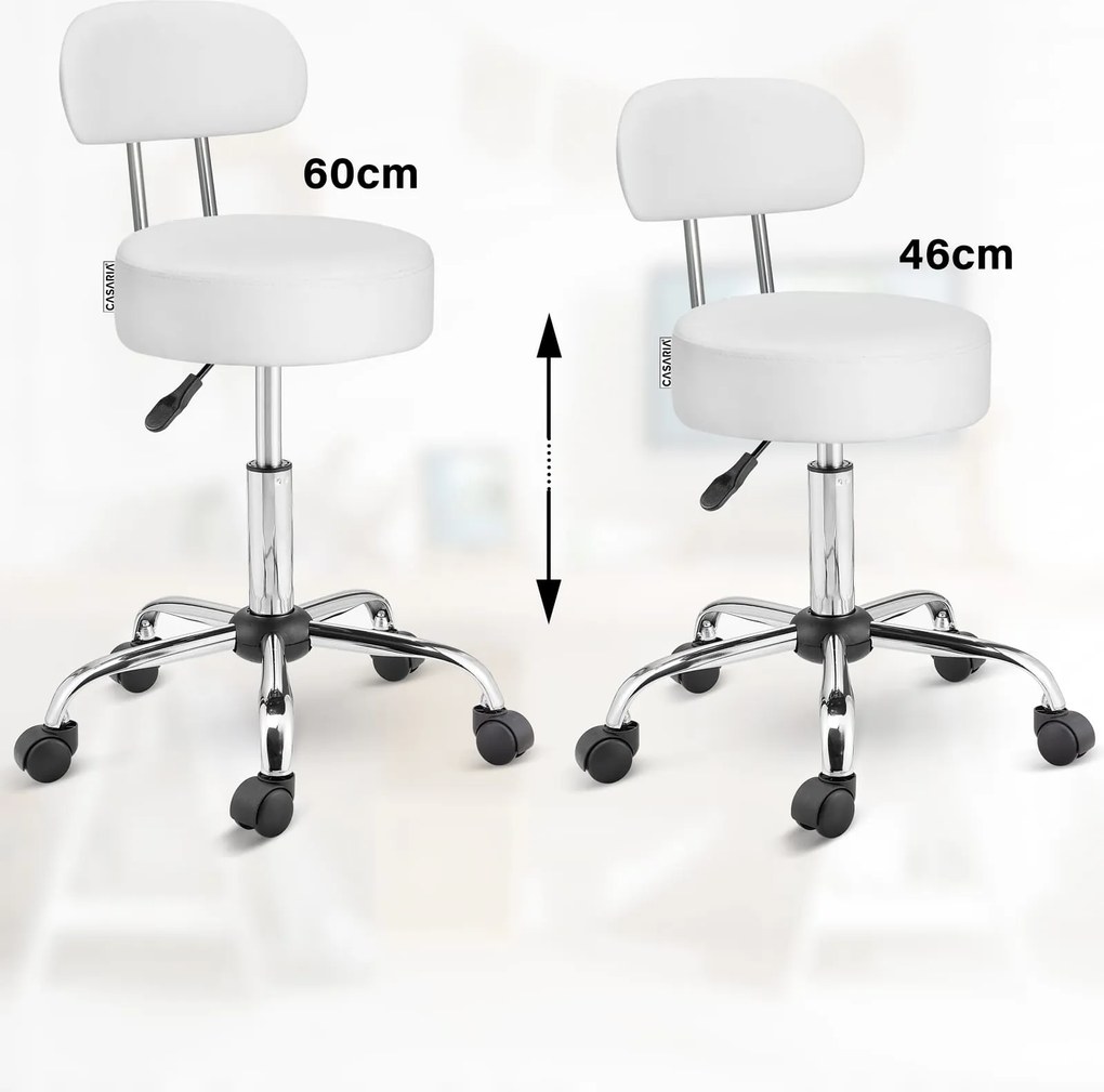 Taburet pe roți cu spătar ROLAND, Ø35cm, alb Casaria