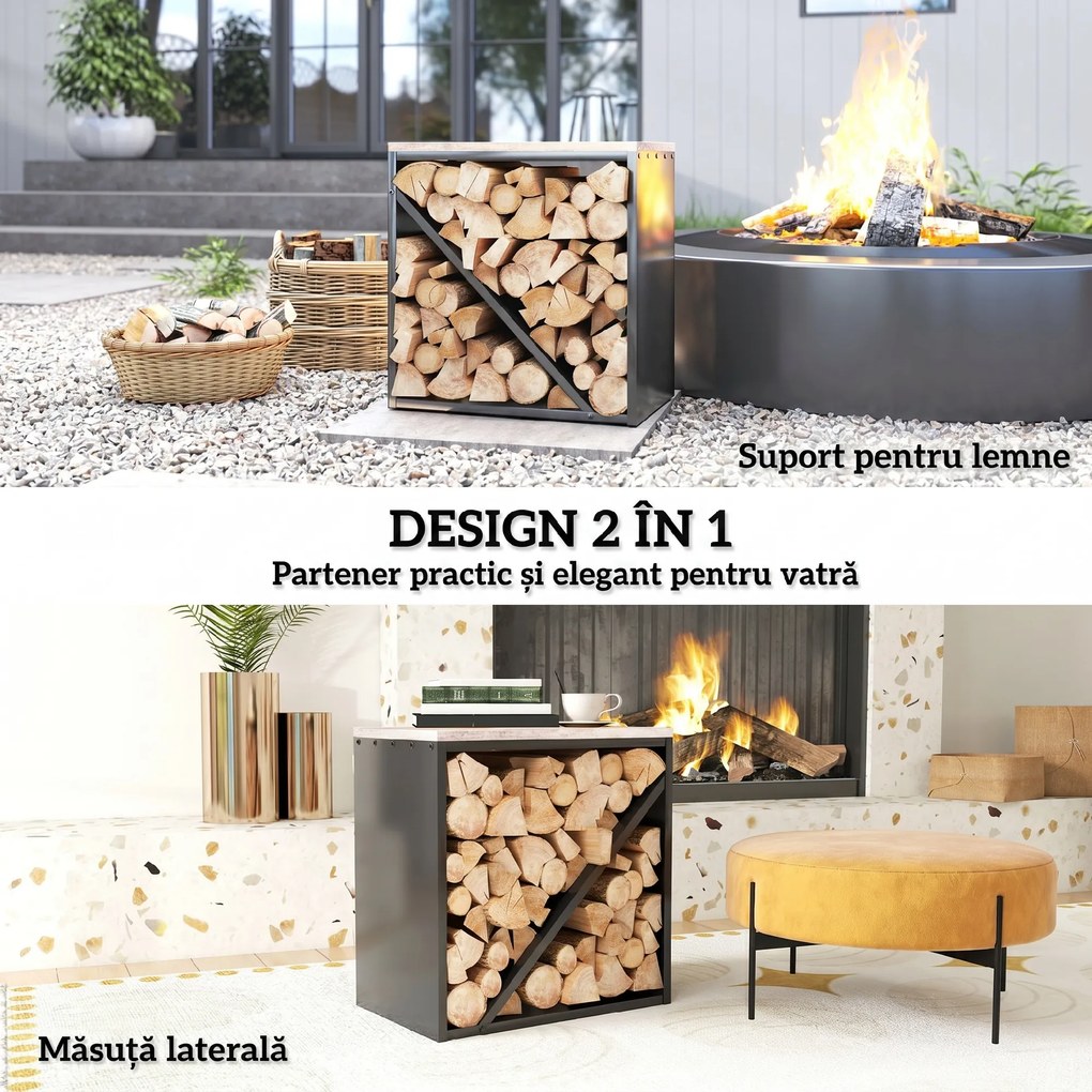 Outsunny Suport pentru Lemne de Interior 2 în 1, Suport Înălțat cu Separator, pentru Șemineu, 58 x 36 x 60 Cm, Negru | Aosom Romania
