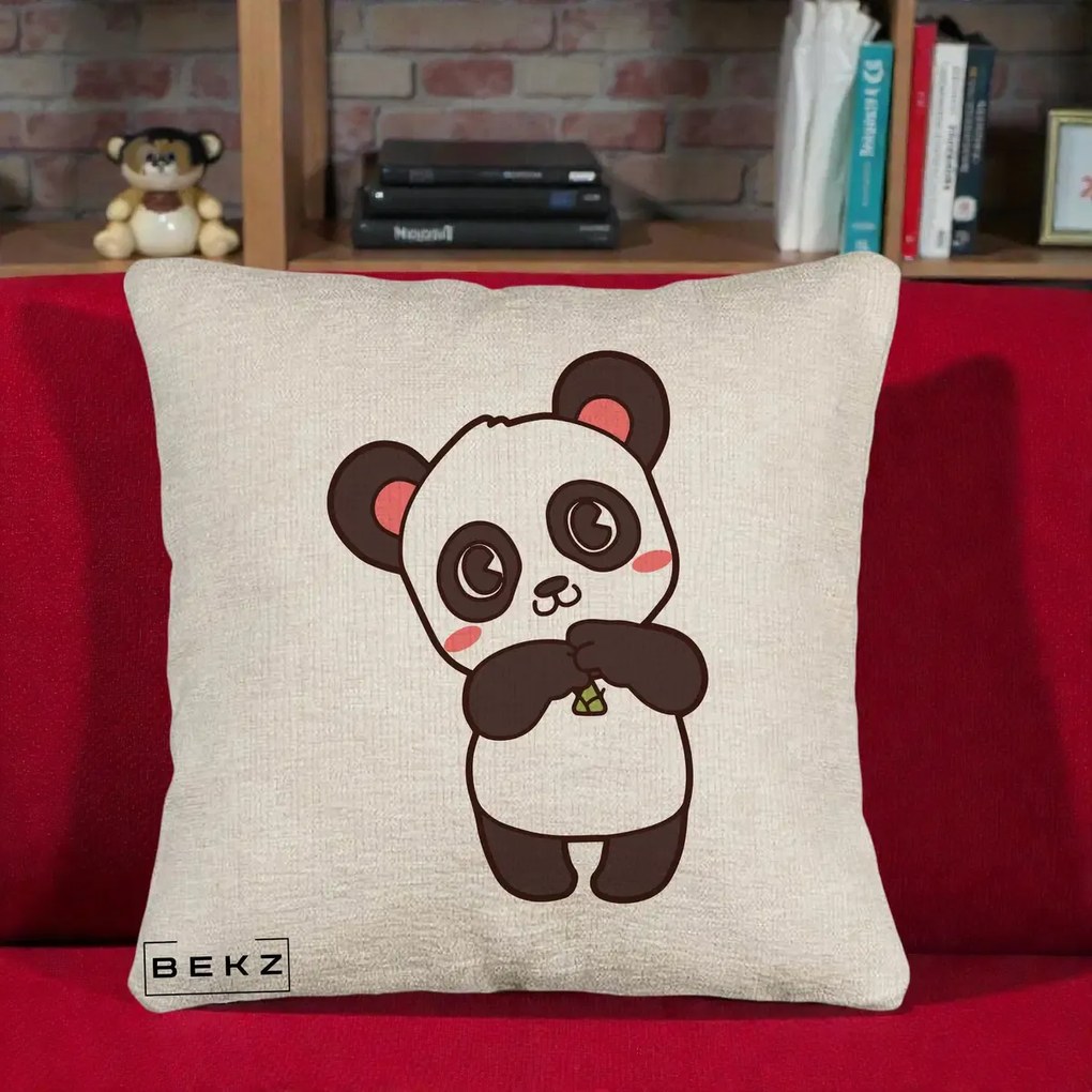 Perna Personalizata Panda Kawaii cu Bambus, 40x40 cm, Bej Canapea, Husa Detasabila, Perna Inclusa, BEKZ®