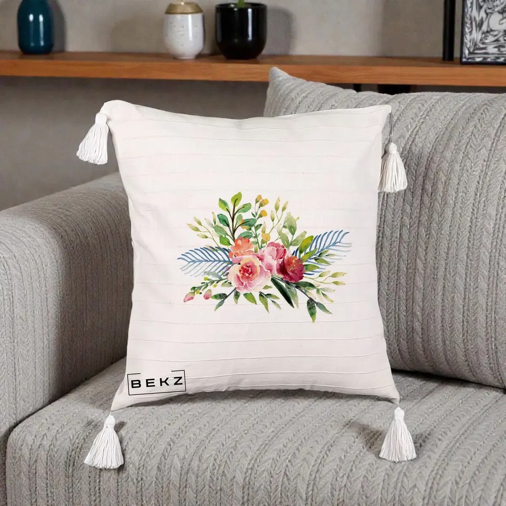 Perna Decorativa Buchet Flori Acuarela Roz-Verde, 40x40 cm, Bej cu Franjuri, Husa Detasabila, Perna Inclusa, BEKZ®