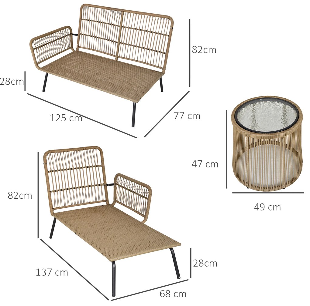 Set 3 Piese Mobilier de Gradina Outsunny din Ratan, Canapea, Sezlong si Masuta, Bej, Cafeniu | Aosom Romania