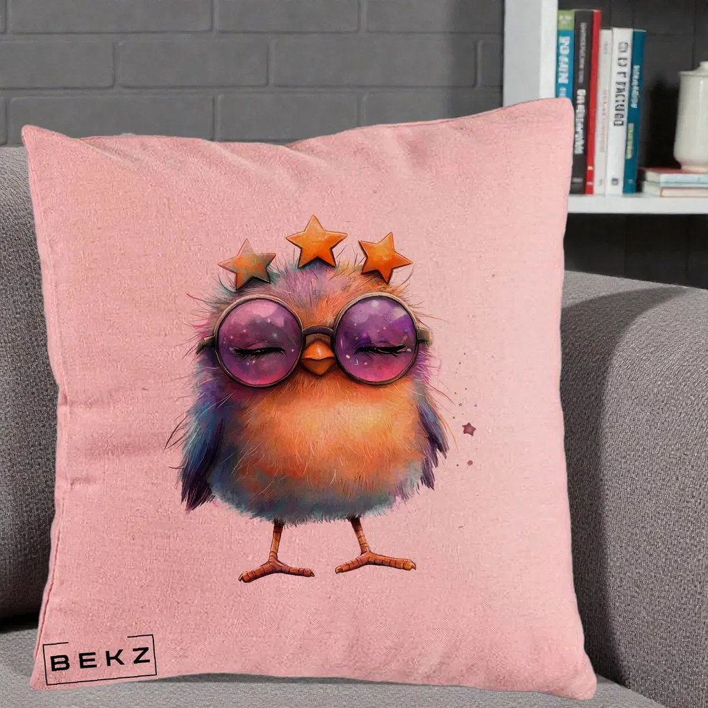 Perna Decorativa Pui Pop Star cu Ochelari Stele Violet, 40x40 cm, Roz, Husa Detasabila, Perna Inclusa, BEKZ®