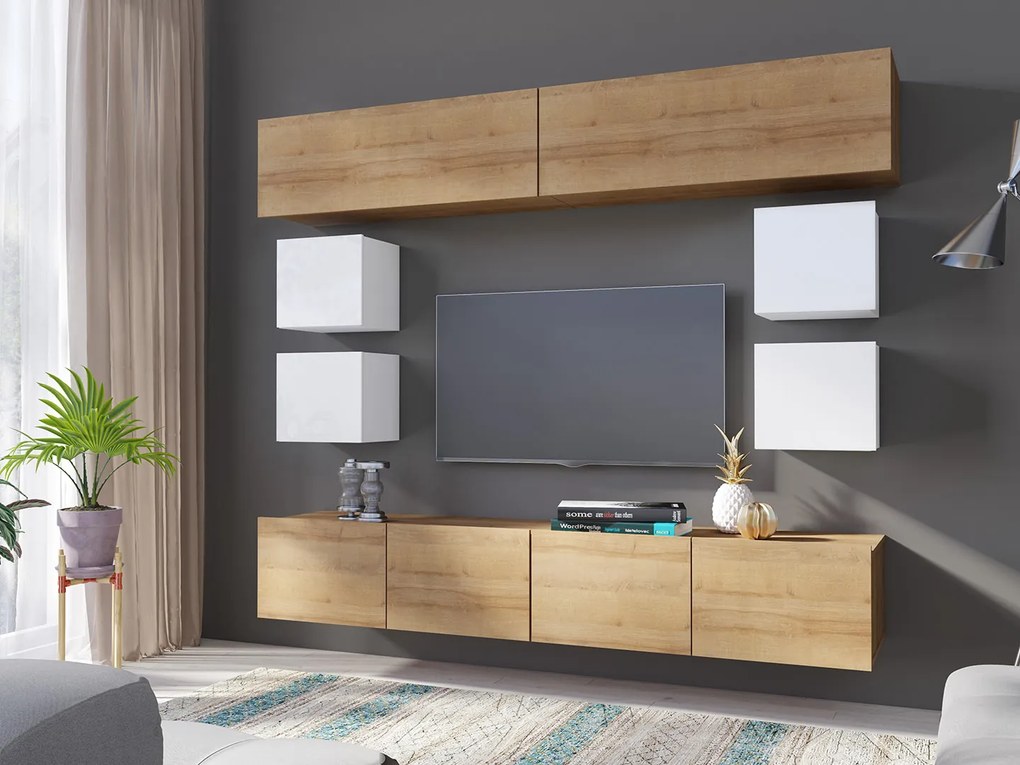 Mobilier living Calabria C16 (Alb + Stejar auriu) (fără iluminat). 1051658