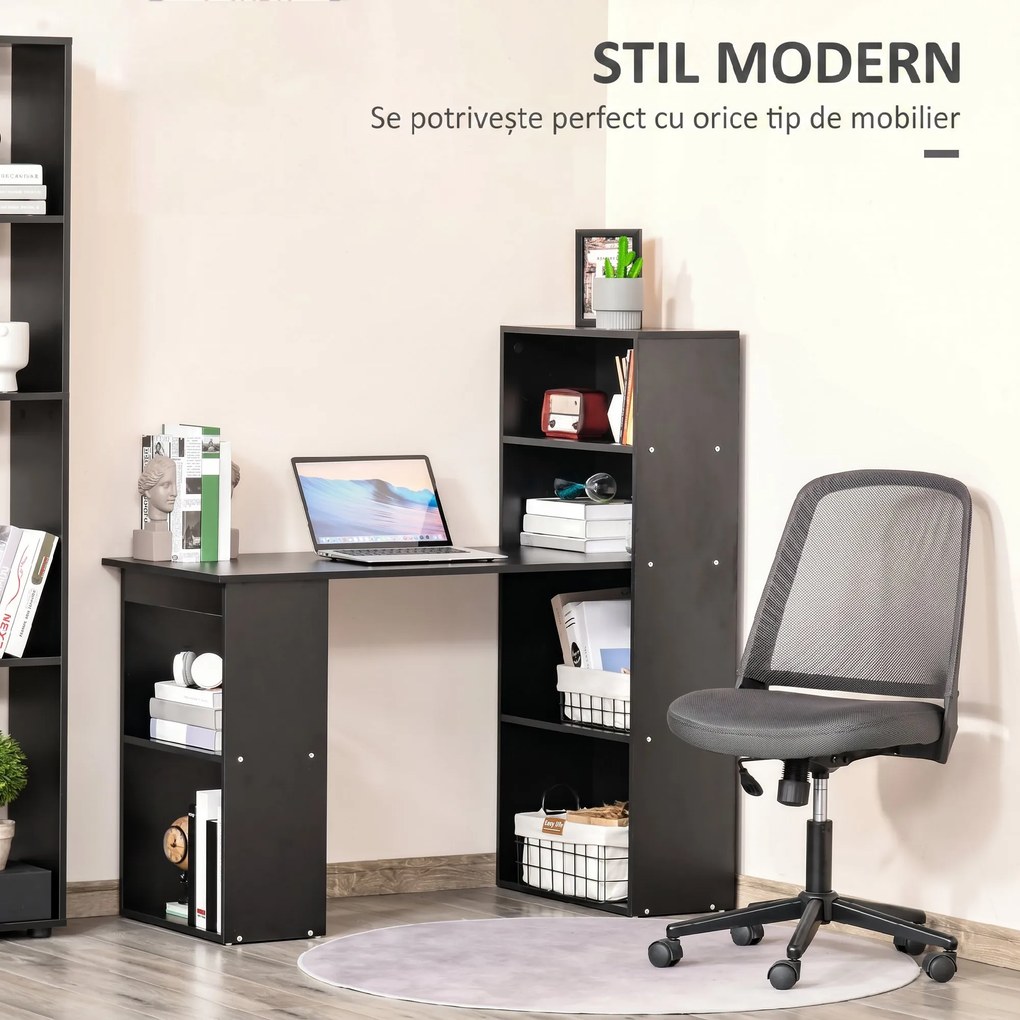 Birou Modern pentru Acasa cu Rafturi de Depozitare pe 6 Niveluri, Masa de Scris cu Raft pentru Carti, Negru HOMCOM | Aosom Romania