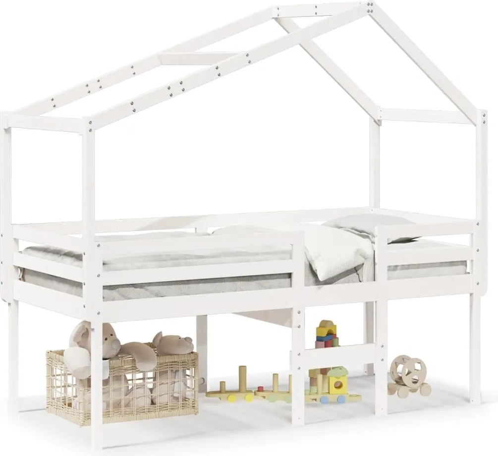 vidaXL Pat înalt cu acoperiș, alb, 90x200 cm, lemn masiv de pin