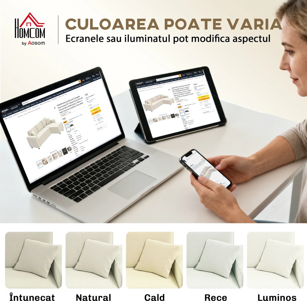 Canapea HOMCOM catifea crem, 3 locuri | Aosom Romania