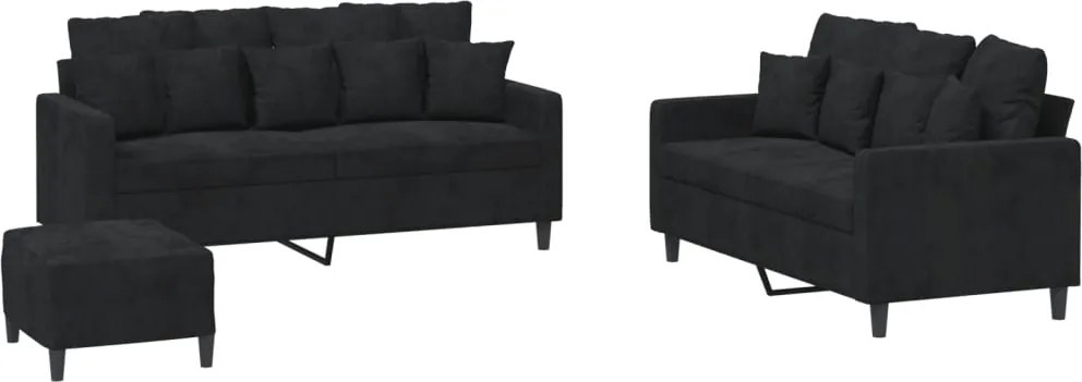 vidaXL Set de canapele cu perne, 3 piese, negru, catifea