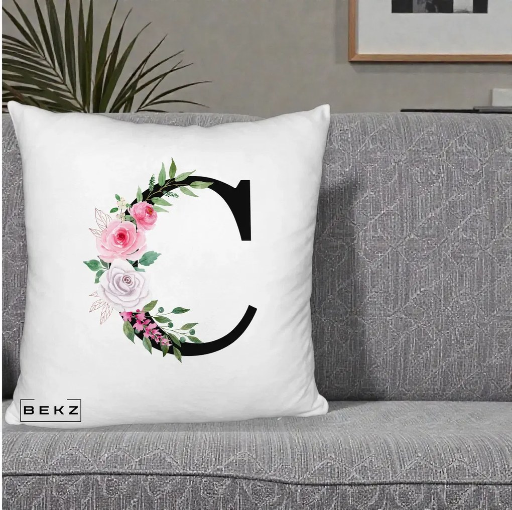 Cadou Personalizat - Perna Personalizata Monograma Florala Litera C, 40x40 cm, Alb Pufos, Husa Detasabila, Perna Inclusa, BEKZ®