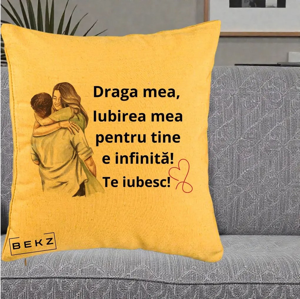 Cadou pentru Iubita - Perna Personalizata Draga Mea Iubirea Mea Infinita Te Iubesc cu Cuplu Acuarela, 40x40 cm, Galben, Husa Detasabila, Perna Inclusa, BEKZ®