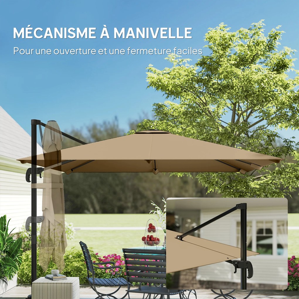 Outsunny Umbrelă cu stâlp lateral pătrată 3 x 3 m, umbrelă de grădină pentru exterior, rotire 360°, înclinabilă 5 poziții, bază în cruce, kaki | Aosom Romania