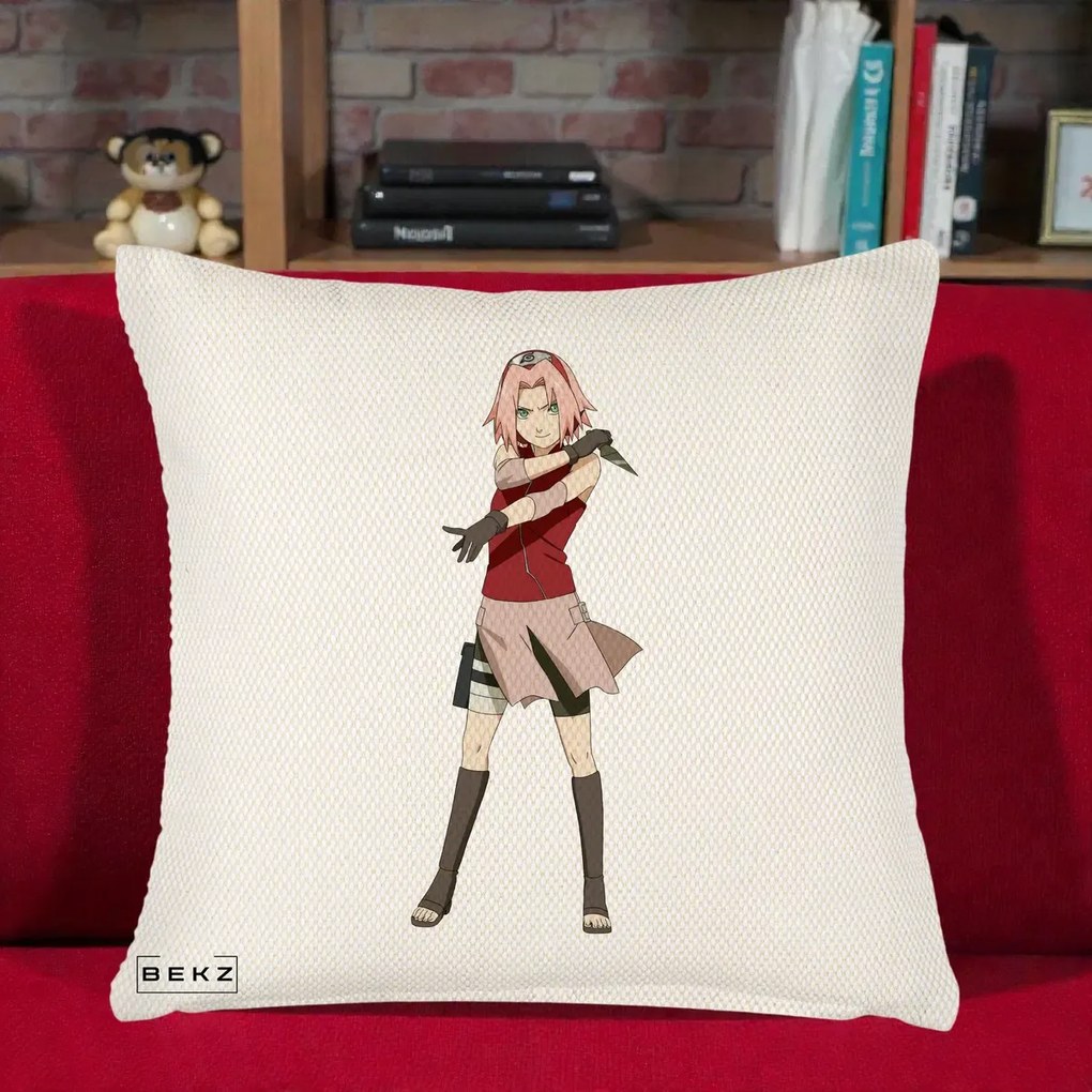 Perna Personalizata Naruto Sakura Haruno Portret, 40x40 cm, Crem Reliefat, Husa Detasabila, Perna Inclusa, BEKZ®