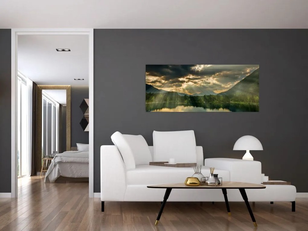 Tablou cu lac și soarele translucid (120x50 cm)