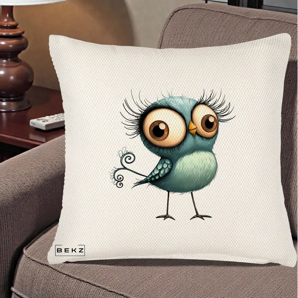 Perna Decorativa Pasare Teal cu Gene si Coada Spiralata, 40x40 cm, Crem Reliefat, Husa Detasabila, Perna Inclusa, BEKZ®