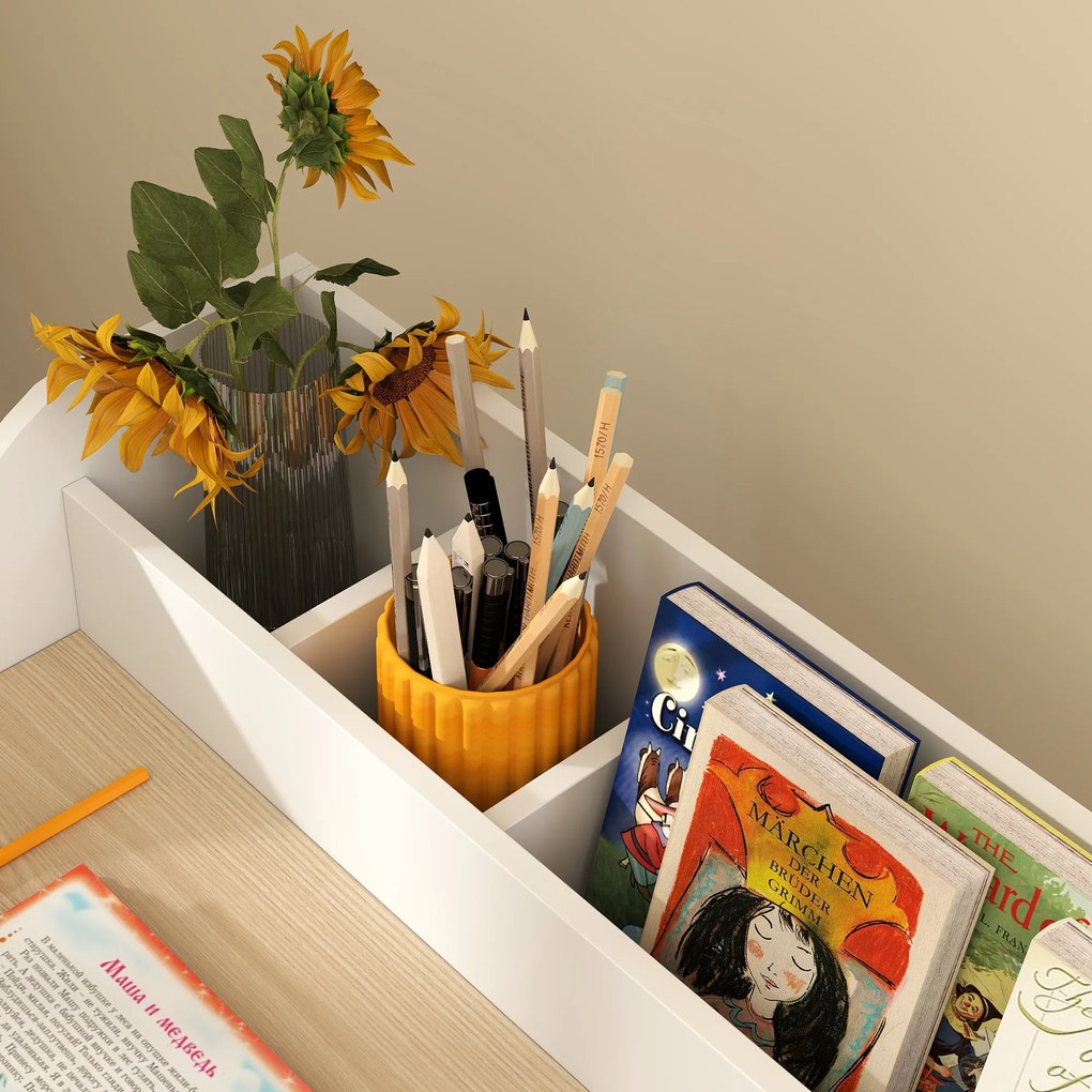 AIYAPLAY Set birou si scaun pentru copii 3-8 ani cu compartimente si rafturi deschise, efect lemn natural | Aosom Romania