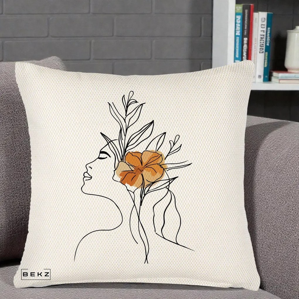 Perna Decorativa Portret Feminin Floare Portocalie Lateral, 40x40 cm, Crem Reliefat, Husa Detasabila, Perna Inclusa, BEKZ®