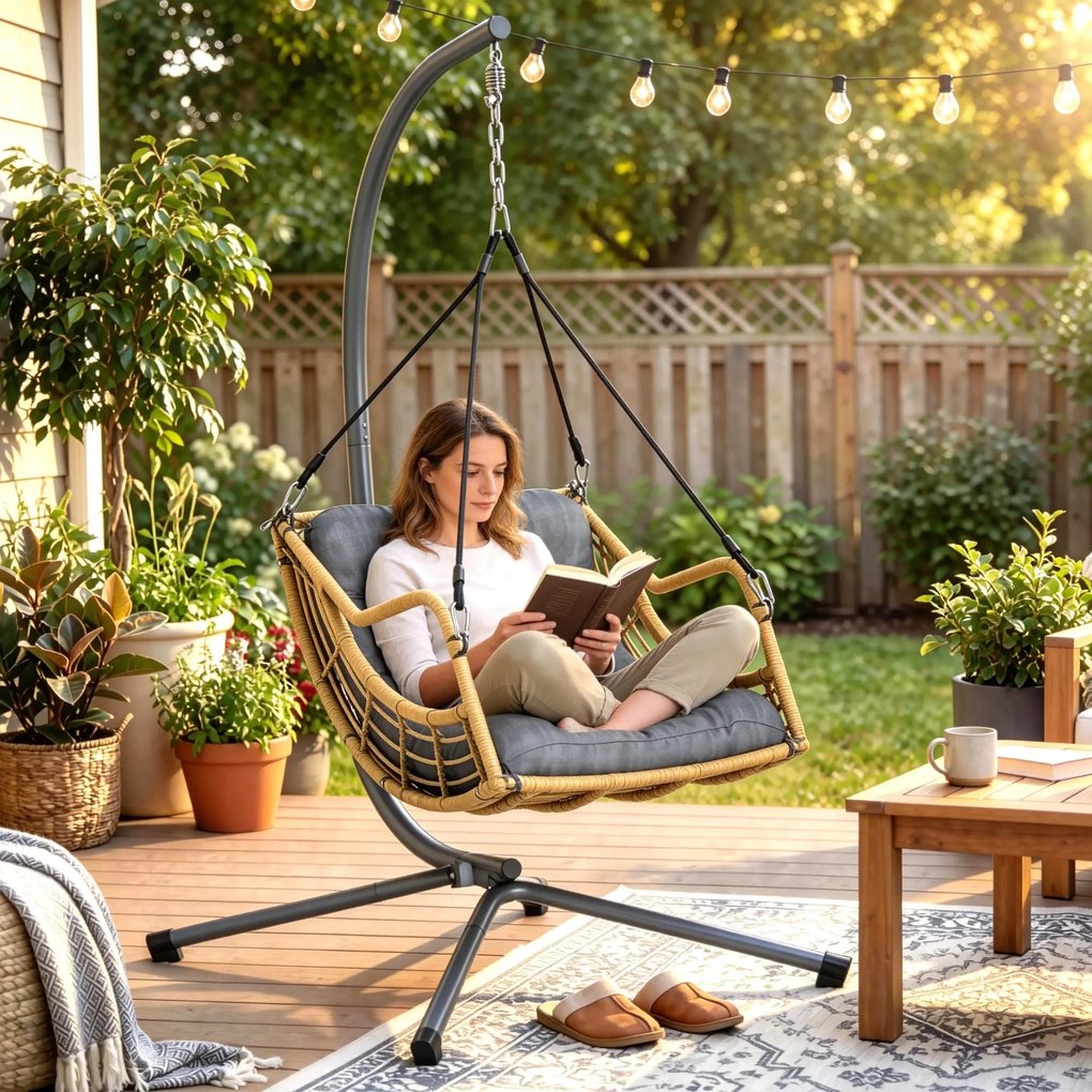 Outsunny Fotoliu suspendat din rășină împletită cu suport, scaun suspendat, pernă, prindere de siguranță, înălțime reglabilă, gri | Aosom Romania