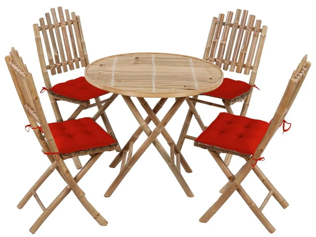 Set mobilier de exterior pliabil, cu perne, 5 piese, bambus Rosu, 40 x 40 x 7 cm, 5