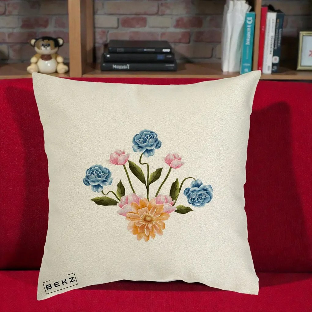 Perna Decorativa Buchet Primavara Acuarela, 40x40 cm, Ecru, Husa Detasabila, Perna Inclusa, BEKZ®