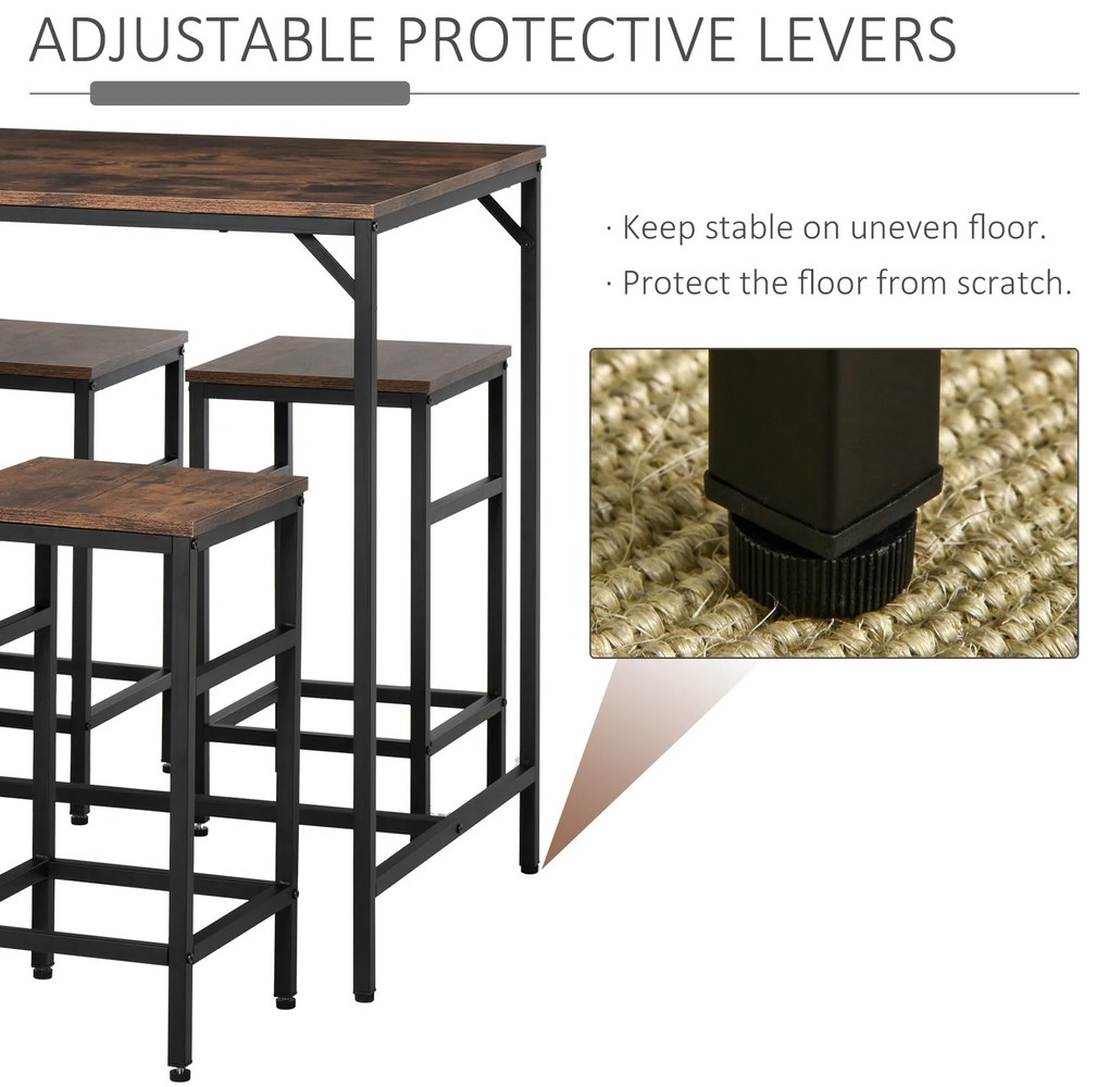 HOMCOM Masă Bar cu 4 Taburete, Stil Industrial, Picioare Antialunecare, Ideal pentru Bucătărie și bar, Maro, 100x60x88 cm | Aosom Romania